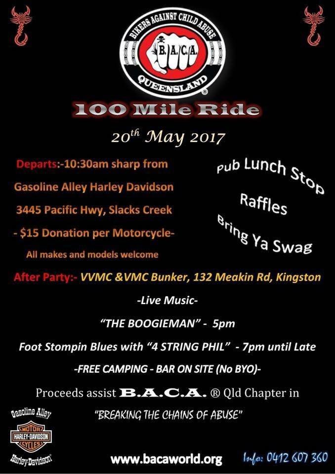 Bikers Against Child Abuse, Queensland (B.A.C.A.) - 100 Mile Ride
